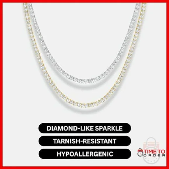 14K Gold Plated Tennis Necklace 3mm CZ Adjustable 15-18